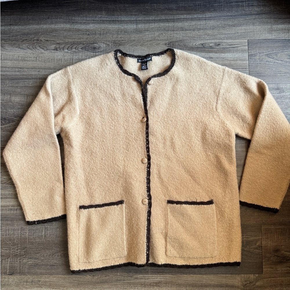 Alexandra Bartlett 100% Wool Tan Cardigan with Black Trim